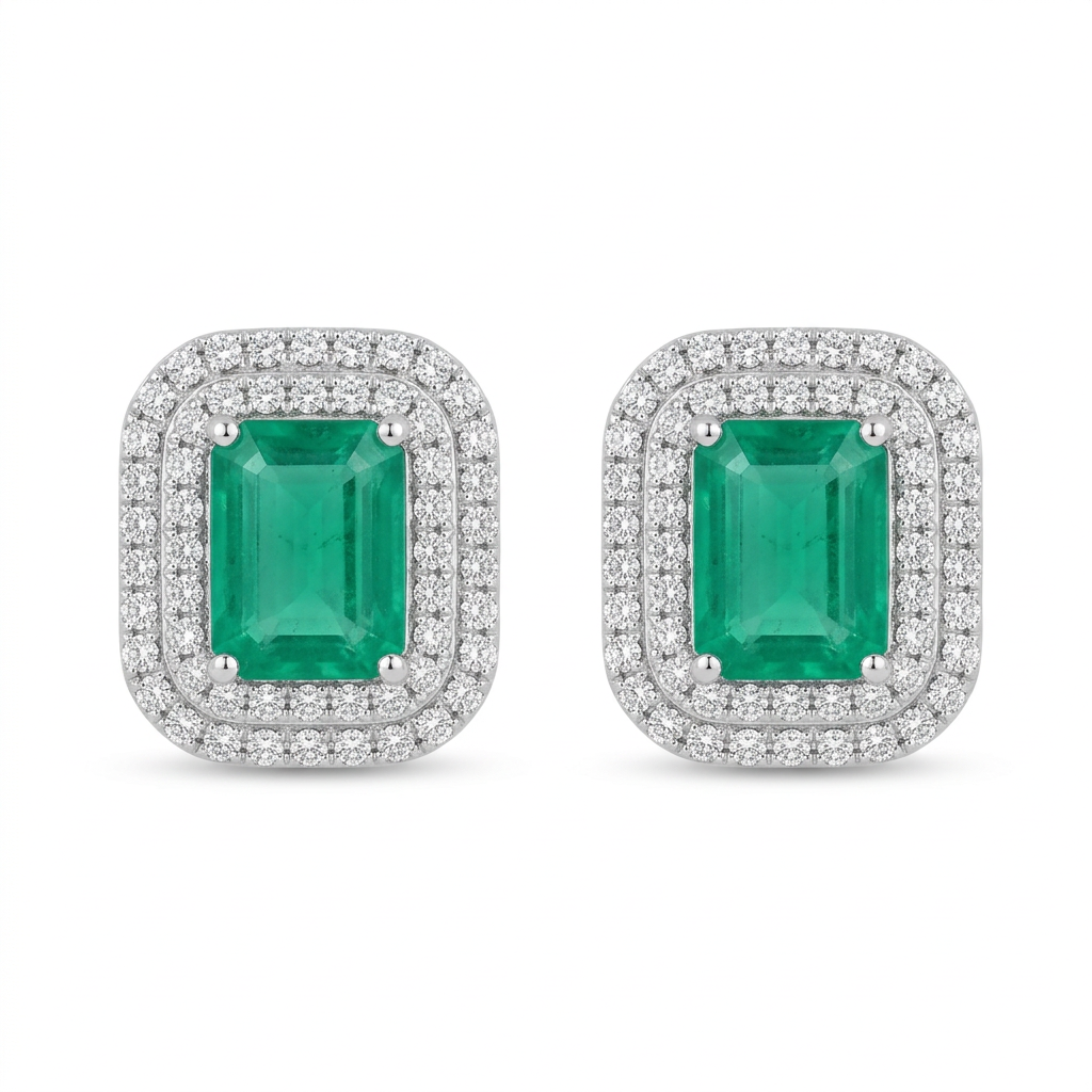 Aretes de Esmeralda & Doble Halo de Diamantes