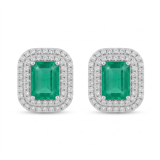 Aretes de Esmeralda & Doble Halo de Diamantes